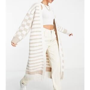 Topshop Knitted Checkerboard + Stripe Maxi Cardigan Cream Sz. XS